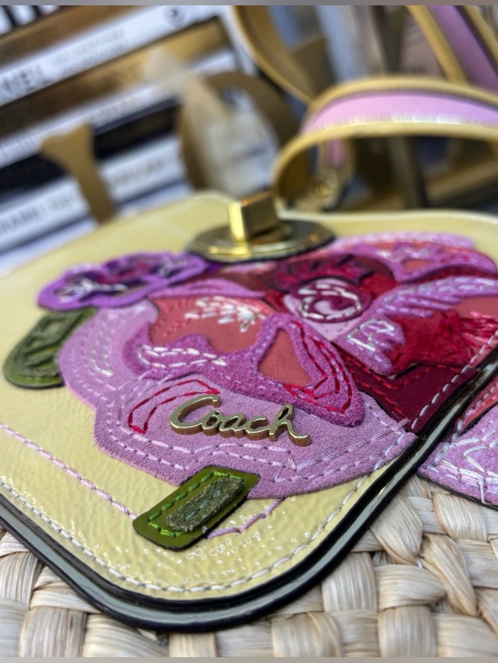 Coach Legacy Yellow Leather  Straw Tote with Pink Floral Applique and Scarf - Picture 4 of 15